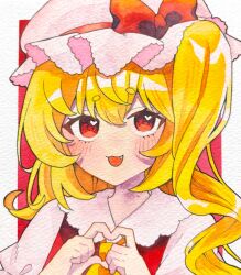  1girl ascot blonde_hair blush bow collared_shirt commentary_request flandre_scarlet four-finger_heart_hands frilled_shirt_collar frills hat hat_bow heart heart_hands heart_in_eye highres long_hair looking_at_viewer mob_cap one_side_up open_mouth pppppks red_bow red_eyes red_vest shirt smile solo symbol_in_eye touhou traditional_media vest white_hat white_shirt yellow_ascot 