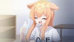 1girl absurdres alternate_costume animal_ear_fluff animal_ears blue_archive cat_ears cat_girl commentary_request double-parted_bangs droopy_ears dropped_halo fang glasses hair_between_eyes halo highres holding korean_commentary long_hair mari_(blue_archive) off_mode_mari_(blue_archive)_(ojibi) open_mouth orange_hair poorunii portrait shirt short_sleeves skin_fang solo water white_shirt yellow_halo 