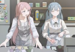  2girls ave_mujica_(bang_dream!) bang_dream! bang_dream!_it's_mygo!!!!! barista black_ribbon blue_hair brh chihaya_anon chinese_commentary commentary_request cup dress grey_dress grey_eyes grey_skirt hair_ribbon highres jewelry kaname_raana long_hair misumi_uika mortis_(bang_dream!) mortis_(persona)_(bang_dream!) multicolored_hair multiple_girls mygo!!!!!_(bang_dream!) nagasaki_soyo neck_ribbon necklace pinafore_dress pink_hair plaid_clothes plaid_dress refrigerator ribbon shiina_taki shirt sidelocks skirt sleeveless sleeveless_dress symbolism takamatsu_tomori togawa_sakiko two-tone_hair wakaba_mutsumi white_shirt yahata_umiri yuutenji_nyamu 