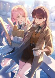  2girls absurdres bag baguette bang_dream! bang_dream!_it's_mygo!!!!! belt black_belt black_necktie blue_necktie blush bread breath brown_bag brown_coat brown_hair brown_skirt brown_vest chihaya_anon chinese_commentary coat coffee coffee_mug collared_shirt commentary_request cup day diagonal-striped_clothes diagonal-striped_necktie fang feet_out_of_frame food grey_coat groceries highres holding holding_bag holding_cup holding_food long_hair looking_at_another miniskirt mole mole_under_eye mug multiple_girls necktie open_clothes open_coat open_mouth outdoors paper_bag pencil_skirt pink_hair shiina_taki shirt sidelighting skirt steam steaming_cup straight_hair striped_clothes striped_necktie three-quarter_sleeves trench_coat unique_(pixiv12704744) v-shaped_eyebrows vest violet_eyes white_shirt 
