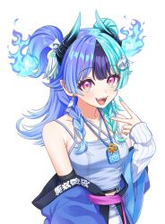  1girl absurdres achichi_mela aqua_hair black_hair black_horns blue_happi braid camisole commentary_request earrings fire_hair_ornament gradient_horns hair_ornament hairclip happi highres hololive horns japanese_clothes jewelry kirisaki_(gin16k) long_hair looking_at_viewer multicolored_hair multicolored_horns nail_polish open_mouth pink_eyes purple_hair sharp_teeth simple_background solo split-color_hair tassel tassel_hair_ornament teeth two_side_up virtual_youtuber white_background 