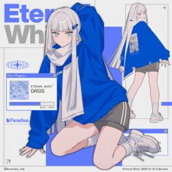  1girl aqua_eyes aqua_nails arm_at_side arm_up bare_legs blue_sweater blunt_bangs blunt_ends bright_pupils closed_mouth earrings english_text expressionless fingernails grey_hair grey_nails grey_shorts hair_ornament hairclip highres jewelry kneeling leaning_to_the_side lemontea long_hair long_sleeves looking_at_viewer looking_back multiple_views nail_polish original palm_tree_print print_sweater scarf shoes short_shorts shorts sleeves_past_wrists sneakers socks standing straight_hair sweater turning_head two-sided_fabric two-sided_scarf very_long_hair white_pupils white_shoes white_socks window_(computing) 