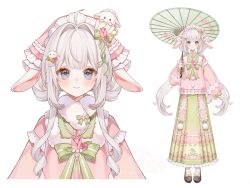  bad_source blush bonnet bow character chinese_clothes chinese_text clean design detail detailed diffused floppy floral flower fluffy frills gem hair_ornament hanfu headdress highres holding lace layered lolita_fashion mix pearl portrait pure rabbit reference satin sheep_hair_ornament shoes skirt soft standing sweet traditional tulip umbrella virtual_youtuber 