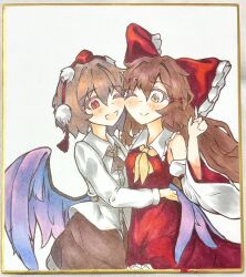  2girls :d ;d ascot bird_wings black_ascot black_skirt blush bow brown_eyes brown_hair cheek-to-cheek closed_mouth collared_shirt commentary_request detached_sleeves feathered_wings frilled_bow frilled_hair_tubes frills hair_bow hair_tubes hakurei_reimu hat heads_together highres long_hair long_sleeves multiple_girls one_eye_closed pom_pom_(clothes) purple_wings red_bow red_eyes red_hat red_skirt ribbon-trimmed_sleeves ribbon_trim shameimaru_aya shikishi shira_wind shirt skirt skirt_set smile tokin_hat touhou traditional_media white_shirt wing_hug wings yuri 