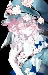  1girl absurdres blue_hat blue_kimono cherry_blossoms closed_mouth commentary_request flower frilled_kimono frills hat highres holding holding_skull japanese_clothes kimono mashi_(umashiodare) mob_cap pink_eyes pink_flower pink_hair saigyouji_yuyuko short_hair skull sleeve_garter solo touhou triangular_headpiece upper_body 