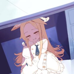  1girl :d animal_ear_fluff animal_ears artist_name bare_shoulders bird bird_on_hand blonde_hair blue_archive commentary desk detached_sleeves dot_nose dress ears_down english_commentary extra_ears forehead fox_ears fox_girl frilled_dress frills grin halo hand_up highres indoors long_hair long_sleeves looking_at_viewer lukishi scene_reference seia_(blue_archive) sleeveless sleeveless_dress sleeves_past_fingers sleeves_past_wrists smile smug solo teeth under_table very_long_hair white_dress white_sleeves wide_sleeves yellow_eyes yellow_halo 