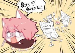  2girls :3 :d ^_^ brown_shirt chibi chibi_only closed_eyes commentary_request emphasis_lines highres holding holding_pen long_sleeves manga_(object) motion_blur motion_lines multiple_girls o_o open_mouth original pen pink_hair pointing shaded_face shirt short_hair simple_background smile speech_bubble tearing_up translation_request urode v-shaped_eyebrows wheel_o_feet yellow_background 