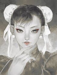  1girl absurdres breasts bun_cover chinese_clothes chun-li double_bun dress earrings eyeshadow greyscale hair_bun highres jewelry makeup marumaru1902 monochrome parted_lips portrait qipao red_eyeshadow solo sphere_earrings spot_color street_fighter 