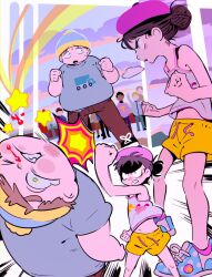  1boy 1girl beanie black_hair blue_eyes brown_hair ct21k double_chin eric_cartman fat fat_man fighting_stance fur_hat grey_eyes hair_bun hat highres long_hair off_shoulder official_alternate_costume official_alternate_hairstyle pink_hat pom_pom_(clothes) pom_pom_beanie punching shirt short_hair shorts south_park t-shirt wendy_testaburger yellow_shorts 