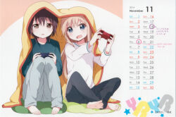  2014 2girls artist_name barefoot black_pants blanket blonde_hair blue_eyes blue_shirt brown_eyes brown_hair calendar_(medium) controller copyright_notice feet full_body funami_yui game_controller grey_pants holding holding_controller holding_game_controller knees_up long_hair long_sleeves multiple_girls namori november open_mouth pants shirt short_hair sitting sweatdrop third-party_source toes toshinou_kyouko under_covers v-shaped_eyebrows white_shirt yuruyuri 