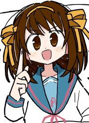  1girl blue_sailor_collar brown_eyes brown_hair collarbone commentary_request ebifurako hair_ribbon highres index_finger_raised kita_high_school_uniform looking_at_viewer neck_ribbon open_mouth orange_ribbon red_ribbon ribbon sailor_collar school_uniform short_hair simple_background solo suzumiya_haruhi suzumiya_haruhi_no_yuuutsu upper_body white_background 