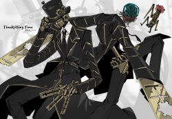  2boys android brain brown_coat brown_hat brown_necktie brown_pants coat collared_shirt cowboy_shot feet_out_of_frame force_(4sk_force) full_body gear_hat_ornament gold gold_trim hand_up hat hat_ornament highres holding holding_weapon knee_up lapels limbus_company multiple_boys necktie notched_lapels pants project_moon shirt the_time_ripper_(project_moon) top_hat weapon white_shirt 