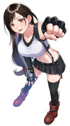  1girl absurdres boots breasts commentary_request crop_top earrings final_fantasy final_fantasy_vii final_fantasy_vii_remake fingerless_gloves gloves hand_on_own_knee highres huge_breasts jewelry leaning_forward long_hair low-tied_long_hair materia midriff navel pinyata_(pinyaland) reaching reaching_towards_viewer red_boots skirt solo stomach suspender_skirt suspenders sweat tank_top teardrop_earrings thigh-highs tifa_lockhart white_tank_top 