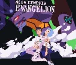  1boy 1girl 1other 3d animated animated_gif ayanami_rei blockbench_(medium) blue_shirt breasts commentary english_commentary eva_01 horns ikari_shinji jojyl low_poly mecha neon_genesis_evangelion robot school_uniform science_fiction shirt single_horn tokyo-3_middle_school_uniform white_shirt 