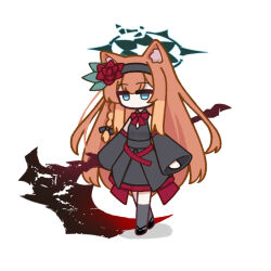  1girl animal_ear_fluff animal_ears apricotlemontea black_bow black_dress black_hairband black_shoes blue_archive bow bowtie braid broken_halo cat_ears chibi chibi_only commentary_request dark_persona detached_sleeves double-parted_bangs dress flower frilled_dress frills green_halo grey_socks hair_between_eyes hair_bow hair_flower hair_ornament hairband halo holding holding_scythe kneehighs long_hair looking_at_viewer mari_(blue_archive) orange_hair red_bow red_bowtie red_flower scythe shoes sidelocks simple_background single_braid socks solo very_long_hair walking white_background wide_sleeves 
