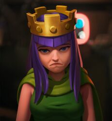  1girl archer_queen_(clash_of_clans) blue_eyes cape clash_of_clans dress green_cape green_dress highres long_hair looking_at_viewer official_art purple_hair sad sleeveless sleeveless_dress solo upper_body 