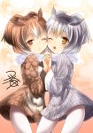  2girls bangs brown_eyes brown_hair buttons coat eurasian_eagle_owl_(kemono_friends) eyebrows_visible_through_hair fur_collar grey_hair hand_holding head_wings kemono_friends looking_at_viewer multiple_girls northern_white-faced_owl_(kemono_friends) one_eye_closed open_mouth short_hair simple_background standing white_legwear yellow_eyes yua_(checkmate) 