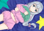  1girl bangs bed_sheet blue_eyes blush bow closed_mouth cowboy_shot drawstrings eromanga_sensei eyebrows_visible_through_hair frilled_sleeves frills hair_bow highres holding holding_stuffed_animal izumi_sagiri legs_apart long_hair long_sleeves looking_at_viewer low-tied_long_hair lying navel object_hug on_back on_bed pajamas pink_bow pocket rocha_(aloha_ro_cha) sidelocks silver_hair solo star star_print stuffed_animal stuffed_octopus stuffed_toy 