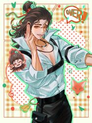  1boy adjusting_earphones akina417616 all_wishes_come_true! alternate_costume artist_name belt black_belt black_hair black_pants brown_eyes brown_hair chest_harness chibi chibi_inset chinese_commentary collarbone collared_shirt contemporary earphones english_text facial_hair fox grin hair_bun hair_ornament hair_ribbon half_updo hand_up harness heart highres jewelry leaf_hair_ornament long_hair looking_at_viewer male_focus mustache_stubble necklace open_collar open_mouth pants pectoral_cleavage pectorals red_ribbon ribbon shirt single_hair_bun sleeves_rolled_up smile solo speech_bubble stubble waist_bag white_shirt zhongli_quan_(all_wishes_come_true!) 