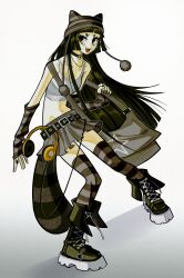  1girl 2000s_(style) absurdres acet0xy animal_ear_headwear animal_ears bag beanie belt belt_buckle black_belt black_choker black_hair blunt_bangs boots buckle choker commission detached_sleeves fake_animal_ears hat headphones highres jewelry lace-up_boots long_hair midriff miniskirt necklace open_mouth original pleated_skirt pom_pom_(clothes) raccoon_girl raccoon_tail shoulder_bag skirt solo solo_focus star_(symbol) striped_clothes striped_thighhighs sweatdrop tail tank_top thigh-highs white_tank_top yellow_eyes 