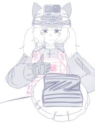  1girl action_camera animal_ears b1-517 black_eyes brown_hair cake cat_ears food frown gloves helmet highres load-bearing_vest looking_at_viewer marusha_(b1-517) original patch photo-referenced ribbon ribbon_of_saint_george russian_ground_forces russian_text russo-ukrainian_war scar scar_on_neck soldier solo table tactical_gloves thumbs_up track_suit twintails unfinished video_camera z_(russian_symbol) 