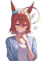  07nono06 1girl absurdres ahoge alternate_hair_length_(shorter) animal_ears blue_cardigan blue_eyes blush breasts brown_cardigan brown_hair cardigan closed_mouth grey_hairband hair_between_eyes hairband highres horse_ears horse_girl looking_at_viewer mihono_bourbon_(umamusume) shirt short_hair silver_hairband solo umamusume upper_body white_shirt 