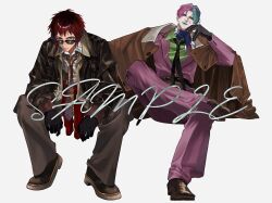  2boys absurdres an_d_o bans belt black_gloves blue_scarf brown_belt brown_coat brown_hair brown_jacket brown_shoes closed_mouth clothes_around_waist coat coat_on_shoulders collared_shirt commentary crossed_legs facial_mark full_body glasses gloves green_eyes green_hair green_lips green_shirt highres indie_virtual_youtuber jacket joe_rikiichi lipstick long_sleeves looking_at_viewer makeup male_focus multicolored_hair multiple_boys necktie nijisanji official_alternate_costume official_art open_clothes open_jacket pink_background pink_hair pink_jacket pink_suit plaid_clothes plaid_necktie plaid_skirt red_hair red_necktie red_shirt scarf shirt shirt_around_waist shoes short_hair simple_background sitting skirt striped_clothes striped_necktie suit teardrop_facial_mark tenkai_tsukasa virtual_youtuber white_background white_shirt 