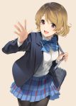  1girl bag bangs beige_background blazer blue_skirt brown_hair collared_shirt cowboy_shot eyebrows_visible_through_hair hand_up jacket koizumi_hanayo looking_at_viewer love_live! love_live!_school_idol_project open_blazer open_clothes open_jacket open_mouth pantyhose paseri plaid plaid_skirt pleated_skirt school_bag shirt short_hair shoulder_bag simple_background skirt smile solo swept_bangs violet_eyes waving wavy_hair white_shirt 
