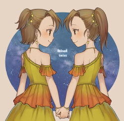  2girls bare_shoulders brown_eyes brown_hair commentary_request dress earrings english_text from_behind futami_ami futami_mami green_dress holding_hands idolmaster jewelry kiitos multiple_girls siblings side_ponytail sisters star_(sky) star_(symbol) star_earrings twins 