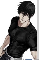  1boy black_hair black_shirt closed_mouth compression_shirt covered_abs covered_pectorals fushiguro_toji grey_eyes hair_between_eyes highres jujutsu_kaisen looking_at_viewer male_focus pants pectorals shirt short_hair simple_background solo sso_s white_background white_pants 