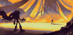 2boys boots bracelet cloak commentary dust english_commentary furry furry_male gloves gold_bracelet hedgehog_boy highres jewelry looking_at_another male_focus metal_sonic multiple_boys pillar robot rvriee sand short_tail silver_the_hedgehog sonic_(series) standing tail torn_cloak torn_clothes 