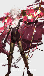  1boy absurdres armor asian_indian_clothes bishounen blue_eyes chest_jewel collar commentary detached_cape earrings english_commentary eyeshadow eyeshadow_under_eye fate/grand_order fate_(series) feijiu gloves grand_servant_(fate/grand_order) hair_between_eyes highres holding holding_weapon jewelry karna_(fate) kavacha_(fate) kundala_(fate) long_hair makeup pale_skin red_eyeshadow short_hair simple_background solo spiked_collar spikes vasavi_shakti_(fate) weapon white_hair 