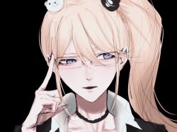 1girl adjusting_eyewear bear_hair_ornament big_hair black_background black_choker blonde_hair blue_eyes choker commentary_request danganronpa:_trigger_happy_havoc danganronpa_(series) enoshima_junko hair_between_eyes hair_ornament high_collar koha_2652 lace lace_choker lace_collar long_hair looking_to_the_side parted_lips portrait rectangular_eyewear side_ponytail sidelocks 