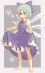  1girl barefoot bionekojita blue_bow blue_dress blue_eyes blue_hair bow cirno dress dress_lift full_body hair_bow ice ice_wings lifted_by_self red_ribbon ribbon short_hair snowflakes solo standing touhou wings 