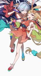  2girls absurdres animal_ears blonde_hair blue_eyes blue_kimono brown_eyes cho_kaguya-hime! colored_extremities colored_inner_hair commentary crescent crescent_hair_ornament egasumi grey_hair grey_socks gyaru_v hair_ornament hair_rings highres holding holding_microphone japanese_clothes kimono long_hair low-tied_long_hair microphone multicolored_hair multiple_girls nail_polish official_alternate_costume one_eye_closed open_mouth orange_nails pink_hair pink_shoes rabbit_ears rabbit_girl red_eyes runami_yachiyo runami_yachiyo_(tsukuyomi) sakayori_iroha sakayori_iroha_(tsukuyomi) shoes socks untranslatable_commentary v violet_eyes yoruirooo777 