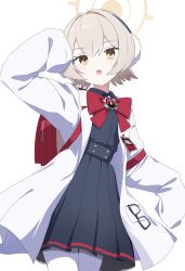  1girl backpack bag blonde_hair blue_archive bow bowtie coat cowboy_shot double-parted_bangs earmuffs eyewear_hang halo highres junnatsu looking_at_viewer open_mouth oversized_coat rana_(blue_archive) randoseru red_bag red_bow red_bowtie shirt short_hair simple_background skirt sleeves_past_fingers sleeves_past_wrists solo unworn_eyewear white_background white_coat yellow_eyes yellow_halo 