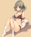  1girl arms_behind_back bangs black_bra black_panties blush bound bound_arms bra breasts brown_background closed_mouth collarbone eyebrows_visible_through_hair feet green_eyes grey_hair horns knees_together_feet_apart looking_at_viewer medium_breasts no_shoes original panties paseri pillow pursed_lips shadow sheep_girl sheep_horns simple_background sitting socks solo tearing_up tears thighs underwear underwear_only wavy_hair white_legwear 