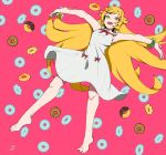  1girl artist_name barefoot blonde_hair commentary_request doughnut dress food highres long_hair looking_at_viewer monogatari_(series) open_mouth oshino_shinobu outstretched_arms sasha_f solo spread_arms sundress white_dress yellow_eyes 