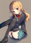  &gt;:3 1girl :3 amatsuka_mao bangs black_legwear black_shoes blazer blonde_hair blush brown_eyes closed_mouth collared_shirt eyebrows_visible_through_hair gj-bu green_skirt grey_background jacket leg_hug loafers long_hair looking_at_viewer open_blazer open_clothes open_jacket paseri plaid plaid_skirt pleated_skirt school_uniform shirt shoes simple_background sitting skirt smile solo thigh-highs thighs wavy_hair white_shirt 