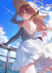  1girl absurdres alternate_costume aru_(blue_archive) bare_shoulders bird blue_archive blue_sky boat breasts cardigan closed_mouth clothes_lift clouds cloudy_sky commentary contrail day demon_girl demon_horns dress dress_lift floating_hair from_behind halo hand_on_headwear hand_on_railing hand_rest hand_up hat highres horns large_breasts lifebuoy long_hair long_sleeves looking_at_viewer looking_back mountainous_horizon ocean off-shoulder_cardigan okkimon on_boat open_cardigan open_clothes orange_eyes outdoors red_hair sky smile solo straw_hat sun_hat swim_ring untranslatable_commentary watercraft white_bird white_dress wind wind_lift 