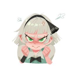  1girl anger_vein angry black_bow black_bowtie black_hairband blush bow bowtie chinese_commentary clenched_hands closed_mouth collared_shirt commentary_request crying crying_with_eyes_open ear_blush green_eyes green_vest grey_hair grmarsa hairband highres konpaku_youmu looking_at_viewer puff_of_air shirt simple_background solo tears touhou upper_body vest white_background white_shirt 