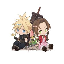  1boy 1girl :3 aerith_gainsborough armor bandaged_arm bandages belt black_boots blonde_hair blue_eyes boots bracelet braid braided_ponytail brown_boots brown_gloves brown_hair buster_sword chibi chibi_only choker closed_mouth cloud_strife commentary dress earrings english_commentary final_fantasy final_fantasy_vii final_fantasy_vii_remake final_fantasy_vii_revelation flower flower_choker gloves gold_bangle green_eyes hair_ribbon hetero holding holding_flower jacket jewelry lida_(lidalida04) lily_(flower) long_dress long_hair looking_at_another multiple_belts multiple_bracelets parted_bangs pauldrons petals pink_dress pink_ribbon planted planted_sword red_jacket ribbed_shirt ribbon shirt short_hair shoulder_armor sidelocks silver_bangle single_bare_shoulder single_pauldron sitting sleeveless sleeveless_turtleneck smile sparkle spiky_hair staff stud_earrings suspenders sword turtleneck twitter_username weapon white_background yellow_flower yellow_petals 