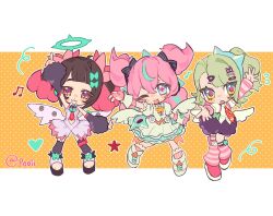  3girls angels_of_delusion aqua_streaks aria_(human)_(zenless_zone_zero) aria_(zenless_zone_zero) arm_warmers asymmetrical_bangs bandaid bandaid_hair_ornament black_hair black_thighhighs blue_eyes bow chibi chibi_only clothing_cutout collared_shirt colored_inner_hair dress fur-trimmed_skirt fur-trimmed_sleeves fur_trim gloves green_bow green_hair green_halo hair_bow hair_ornament hairclip halo highres leg_warmers looking_at_viewer multicolored_hair multiple_girls multiple_hair_bows multiple_hairclips nangong_yu navel_cutout necktie pink_arm_warmers pink_dress pink_gloves pink_leg_warmers ponytail pooli quad_tails red_eyes red_necktie shirt skirt smile star-shaped_pupils star_(symbol) streaked_hair striped_arm_warmers striped_leg_warmers sunna_(zenless_zone_zero) symbol-shaped_pupils thigh-highs too_many_bows twintails white_dress white_shirt white_wings wings zenless_zone_zero 