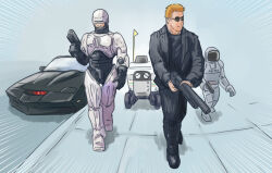  armor asimo_(honda) black_jacket car car_interior crossover cyborg gun handgun helmet holding holding_gun holding_weapon jacket k.i.t.t knight_rider leather leather_jacket motor_vehicle multiple_boys niiyan pants real_life robocop robocop_(character) robot science_fiction shirt short_hair shotgun sunglasses t-800 terminator_(series) weapon 