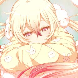  1girl akasata animal_print blonde_hair cloud_hair_ornament cloud_print commentary_request grey_background hair_ornament long_hair looking_at_viewer magical_girl mahou_shoujo_ikusei_keikaku mahou_shoujo_ikusei_keikaku_unmarked multicolored_hair nemurin pajamas pink_eyes pink_hair rabbit_print 