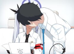  1girl armband black_gloves black_necktie black_tail blue_archive blue_necktie breast_pocket collared_shirt commentary_request dark-skinned_female dark_skin demon_tail gloves grey_hair hair_ribbon halo highres iori_(blue_archive) kiss long_hair long_sleeves mintchoco_(minchothudong) necktie pocket purple_halo red_armband ribbon schale_logo sensei_(blue_archive) shirt short_hair tail twintails white_shirt 