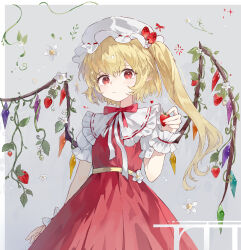  1girl absurdres ascot blonde_hair bow bowtie closed_mouth commentary crystal crystal_wings dress flandre_scarlet flower flower_request food frilled_wrist_cuffs frills fruit fruit_hat_ornament grey_background hat highres holding holding_food holding_fruit long_hair looking_at_viewer mob_cap multicolored_wings one_side_up pointy_ears puffy_short_sleeves puffy_sleeves red_bow red_bowtie red_dress red_eyes red_wrist_cuffs short_sleeves simple_background solo strawberry strawberry_hat_ornament touhou untranslatable_commentary white_flower white_hat wings wrist_cuffs yellow_ascot yuuneka 