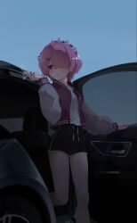  1girl ass_visible_through_thighs blue_sky breasts car commentary dolphin_shorts hair_over_one_eye highres jacket looking_to_the_side motor_vehicle pamo pink_hair ram_(re:zero) re:zero_kara_hajimeru_isekai_seikatsu red_eyes short_hair shorts sky small_breasts smoking solo standing 