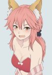  1girl animal_ears bare_shoulders blush bow bra breasts cleavage collarbone fang fate/extella fate/extra fate/grand_order fate_(series) fox_ears grey_background hair_bow long_hair looking_at_viewer medium_breasts miura-n315 off_shoulder open_clothes open_mouth open_shirt pink_bra pink_hair shirt simple_background solo tamamo_(fate)_(all) tamamo_no_mae_(fate) underwear upper_body yellow_eyes 