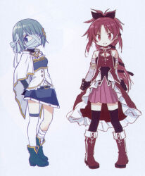 2girls absurdres aoki_ume bandage_on_face bandages belt black_ribbon blue_belt blue_boots blue_eyes blue_hair blue_sky boots cape chest_jewel dress fortissimo frilled_skirt frills gem gloves hair_ornament hair_ribbon hairclip high_ponytail highres looking_at_viewer magical_girl mahou_shoujo_madoka_magica mahou_shoujo_madoka_magica:_walpurgis_no_kaiten miki_sayaka miki_sayaka_(magical_girl) multiple_girls musical_note musical_note_hair_ornament newtype non-web_source official_art ponytail red_boots red_dress red_eyes red_gem red_hair ribbon sakura_kyoko sakura_kyoko_(magical_girl) scan self-scan simple_background skirt sky smile soul_gem_(madoka_magica) white_background white_cape